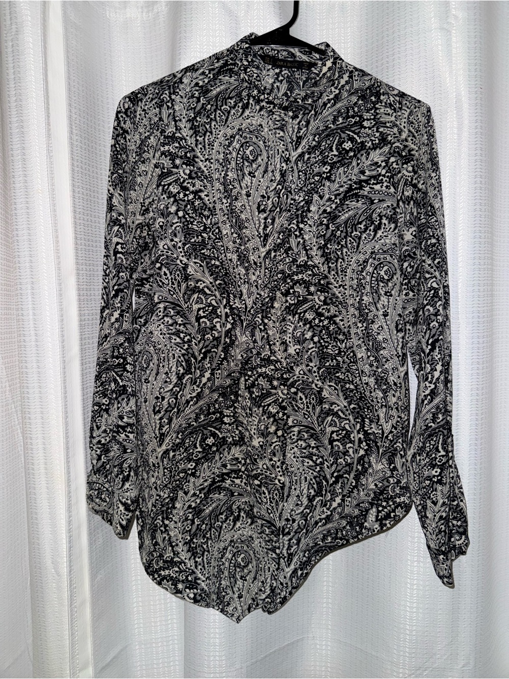 zara basic womens size S black white paisley collared long sleeve button-up top